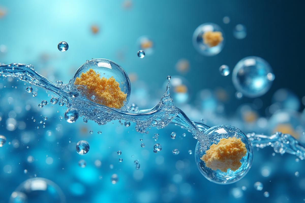 Visualização científica do conteúdo mineral da Água Skyaia® mostrando moléculas de água pura e cristais minerais