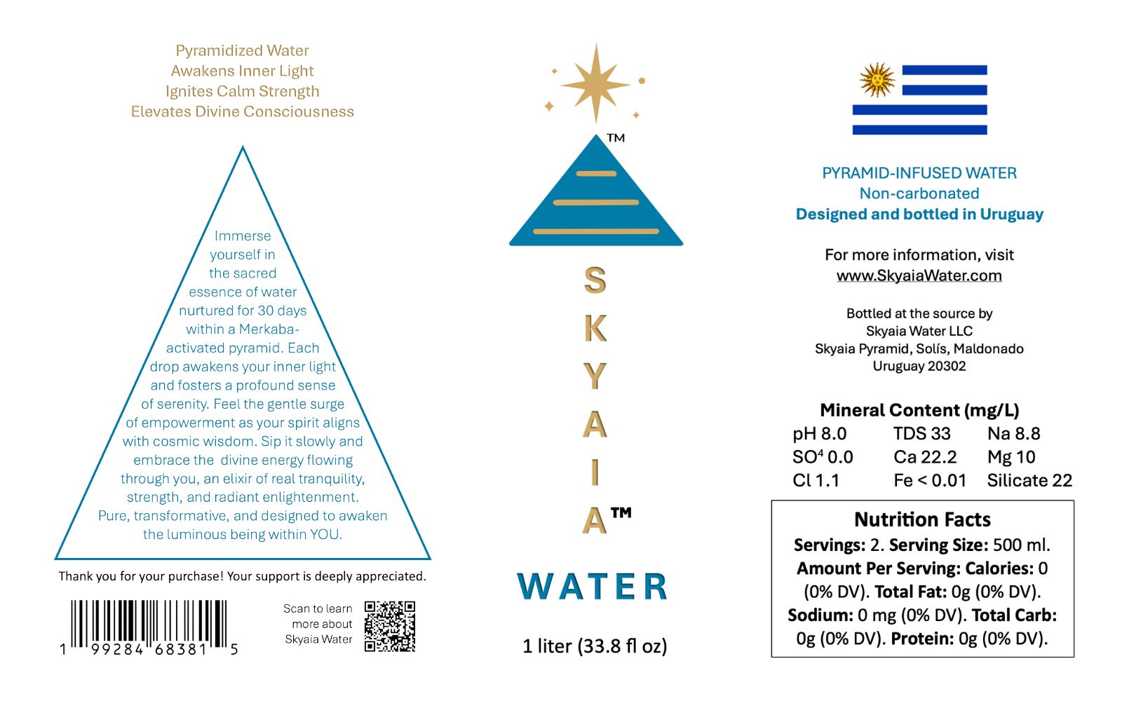 Clique para visualizar imagem maior Rótulo completo do produto Skyaia Water mostrando mensagens espirituais, conteúdo mineral e informações nutricionais